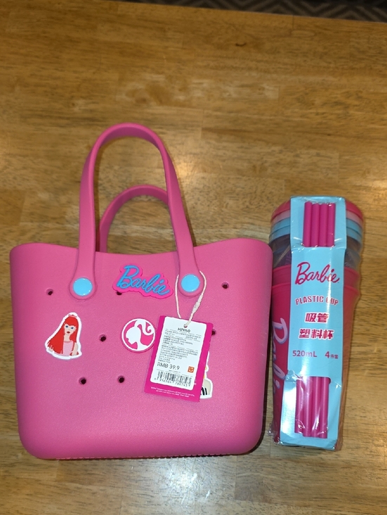 Barbie Other - Barbie Hot Pink Lunch Tote Bag with Matching Pink Cups and Straws